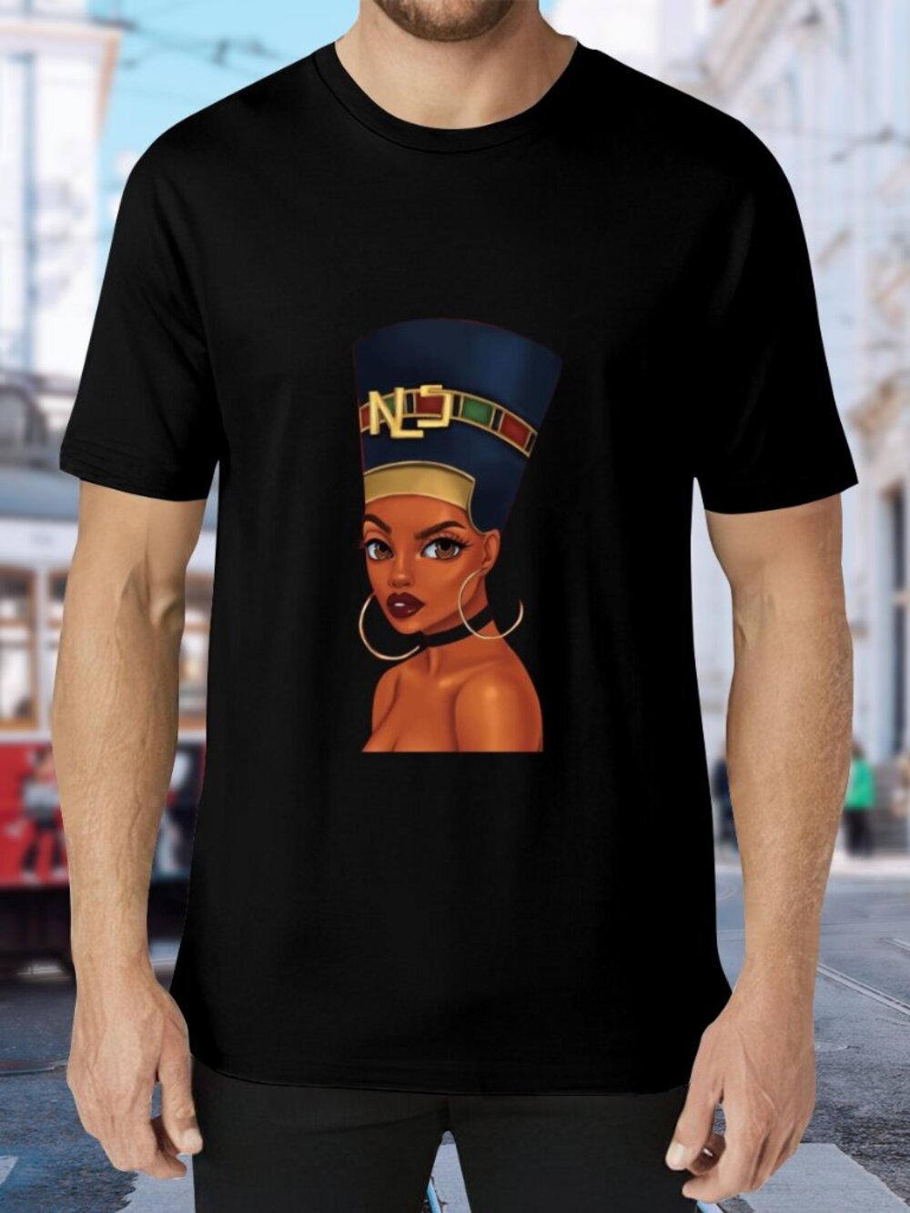 Black Short Sleeve Graphic Tee with Crowned Portrait